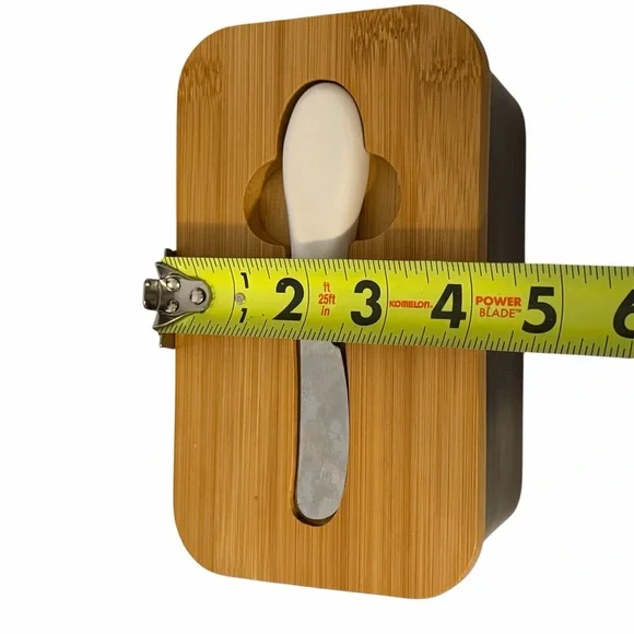 Unmarked Black Ceramic Butter Keeper Bamboo Lid Knife Farmhouse Kitchen Decor - Picture 5 of 7